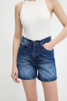 Answear Lab pantaloni scurti jeans culoarea albastru marin, neted, high waist imagine