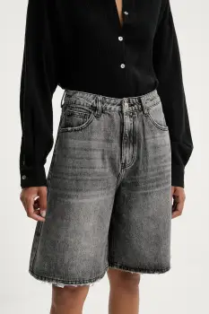 Answear Lab pantaloni scurti jeans culoarea gri, neted, high waist imagine