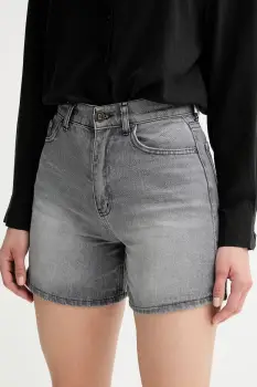 Answear Lab pantaloni scurti jeans culoarea gri, neted, high waist imagine