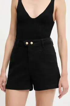 Answear Lab pantaloni scurti jeans culoarea negru, neted, high waist imagine