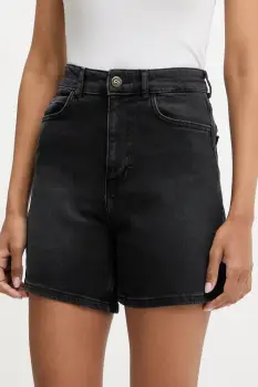 Answear Lab pantaloni scurti jeans culoarea negru, neted, high waist imagine