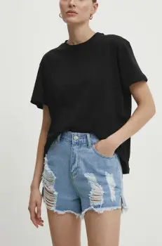 Answear Lab pantaloni scurti jeans femei, cu imprimeu, high waist imagine