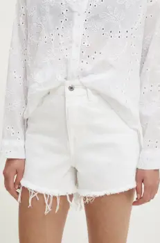 Answear Lab pantaloni scurti jeans femei, culoarea alb, neted, high waist imagine