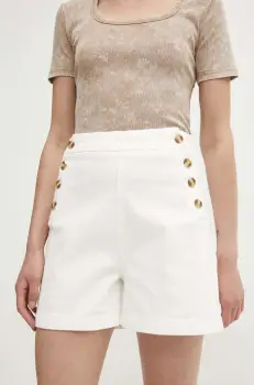 Answear Lab pantaloni scurti jeans femei, culoarea alb, neted, high waist imagine