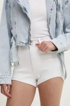 Answear Lab pantaloni scurti jeans femei, culoarea alb, neted, high waist imagine