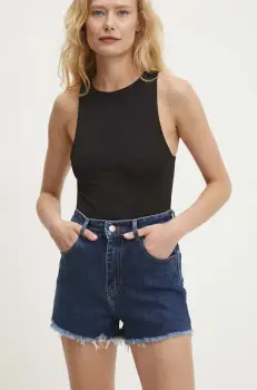 Answear Lab pantaloni scurti jeans femei, culoarea albastru marin, neted, high waist imagine