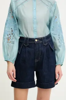 Answear Lab pantaloni scurti jeans femei, culoarea albastru marin, neted, high waist imagine