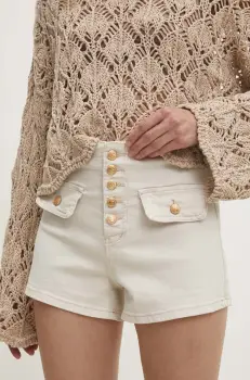 Answear Lab pantaloni scurti jeans femei, culoarea bej, neted, high waist imagine