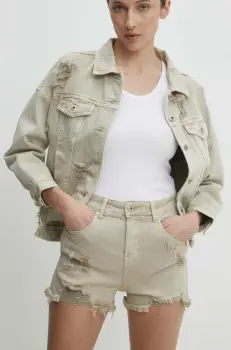 Answear Lab pantaloni scurti jeans femei, culoarea bej, neted, high waist imagine