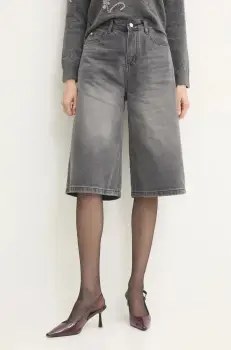 Answear Lab pantaloni scurti jeans femei, culoarea gri, neted, high waist imagine