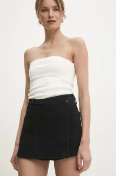 Answear Lab pantaloni scurti jeans femei, culoarea negru, neted, high waist imagine