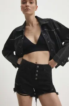 Answear Lab pantaloni scurti jeans femei, culoarea negru, neted, high waist imagine