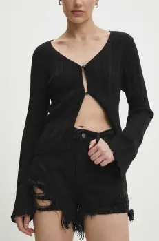 Answear Lab pantaloni scurti jeans femei, culoarea negru, neted, high waist imagine