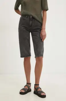 Answear Lab pantaloni scurti jeans femei, culoarea negru, neted, high waist imagine