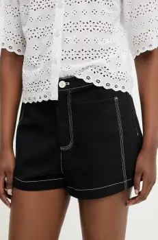 Answear Lab pantaloni scurti jeans femei, culoarea negru, neted, high waist imagine