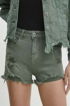 Answear Lab pantaloni scurti jeans femei, culoarea verde, neted, high waist imagine