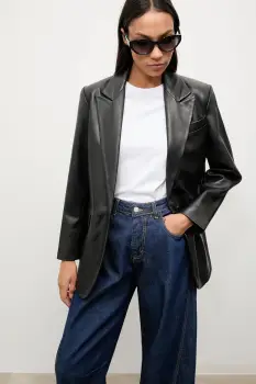 Answear.LAB sacou de piele culoarea negru, un singur rand de nasturi, neted imagine