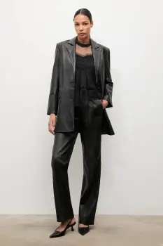 Answear.LAB sacou de piele culoarea negru, un singur rand de nasturi, neted imagine