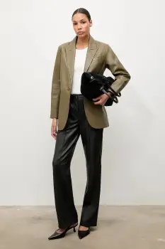 Answear.LAB sacou de piele culoarea verde, un singur rand de nasturi, neted imagine