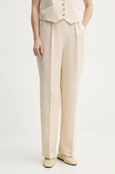 BA&SH pantaloni din amestec de in PEANUT femei, culoarea bej, drept, high waist, 1E25PEAN imagine