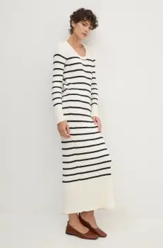 Barbour rochie din bumbac culoarea bej, maxi, mulata, LDR0829 imagine