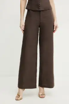 Bardot pantaloni din in ENYA femei, culoarea maro, lat, high waist, 58427PB3 imagine