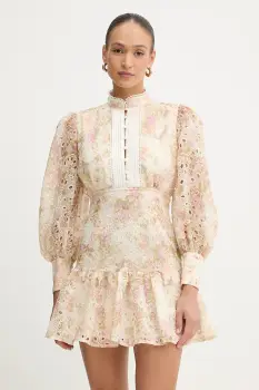 Bardot rochie culoarea bej, mini, evazati, 58421DB3 imagine