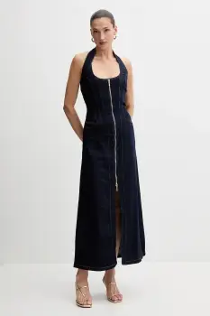 Bardot rochie jeans culoarea bleumarin, maxi, evazati, 91426DB imagine
