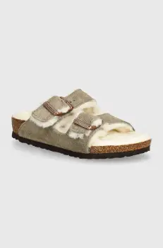 Birkenstock papuci din piele intoarsa pentru copii Arizona Shearling culoarea bej, 1028689 imagine
