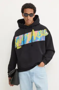 BLUEMARBLE hanorac de bumbac barbati, culoarea negru, cu gluga, cu imprimeu, HO01.FL05B24 imagine