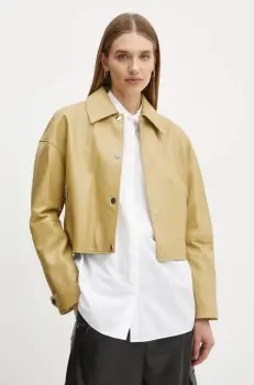 BOSS geaca de piele femei, culoarea verde, de tranzitie, oversize, 50535759 imagine