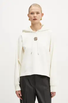 BOSS hanorac de bumbac femei, culoarea bej, cu gluga, cu imprimeu, 50537934 imagine