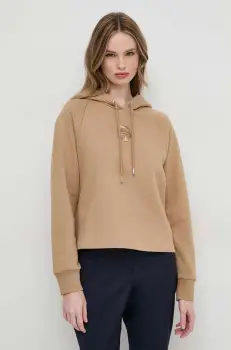 BOSS hanorac de bumbac femei, culoarea bej, cu gluga, cu imprimeu imagine