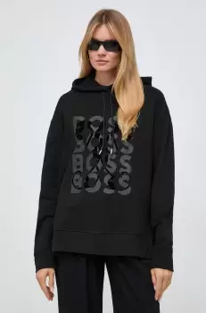 BOSS hanorac de bumbac femei, culoarea negru, cu gluga, cu imprimeu imagine