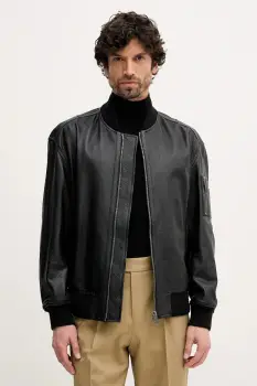 BOSS Orange geaca de piele Jakri culoarea negru, de tranzitie, 50552151 imagine