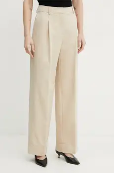 BOSS Orange pantaloni din amestec de in femei, culoarea bej, drept, high waist, 50546207 imagine