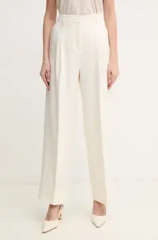 BOSS Orange pantaloni din amestec de in femei, culoarea bej, drept, high waist, 50546207 imagine