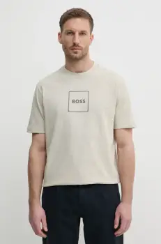 BOSS Orange tricou din amestec de in barbati, culoarea bej, cu imprimeu, 50536729 imagine