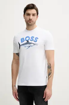 BOSS Orange tricou din bumbac barbati, culoarea bej, cu imprimeu, 50539196 imagine