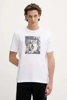 BOSS Orange tricou din bumbac culoarea bej, cu imprimeu, 50554615 imagine