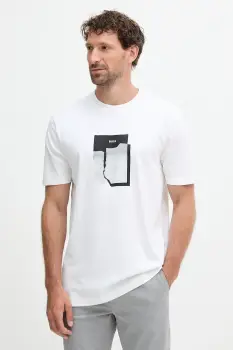 BOSS Orange tricou din bumbac culoarea bej, cu imprimeu, 50554640 imagine