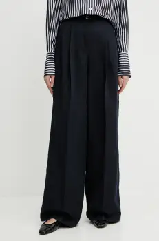 BOSS pantaloni din amestec de in femei, culoarea bleumarin, drept, high waist, 50538045 imagine