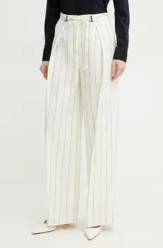 BOSS pantaloni din in femei, culoarea bej, lat, high waist, 50538216 imagine