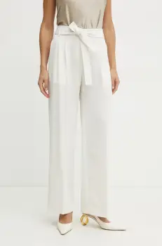 BOSS pantaloni femei, culoarea alb, drept, high waist imagine