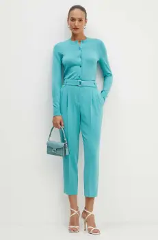 BOSS pantaloni femei, culoarea turcoaz, drept, high waist imagine