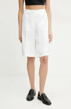 BOSS pantaloni scurti din amestec de in femei, culoarea alb, neted, high waist, 50537403 imagine