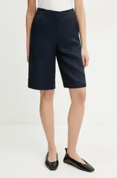 BOSS pantaloni scurti din amestec de in femei, culoarea albastru marin, neted, high waist, 50537403 imagine