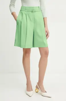 BOSS pantaloni scurti din lana femei, culoarea verde, neted, high waist, 50537395 imagine