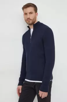 BOSS pulover de bumbac culoarea albastru marin, light, cu turtleneck imagine