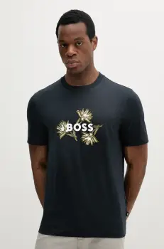 BOSS tricou din bumbac barbati, culoarea albastru marin, cu imprimeu, 50536796 imagine